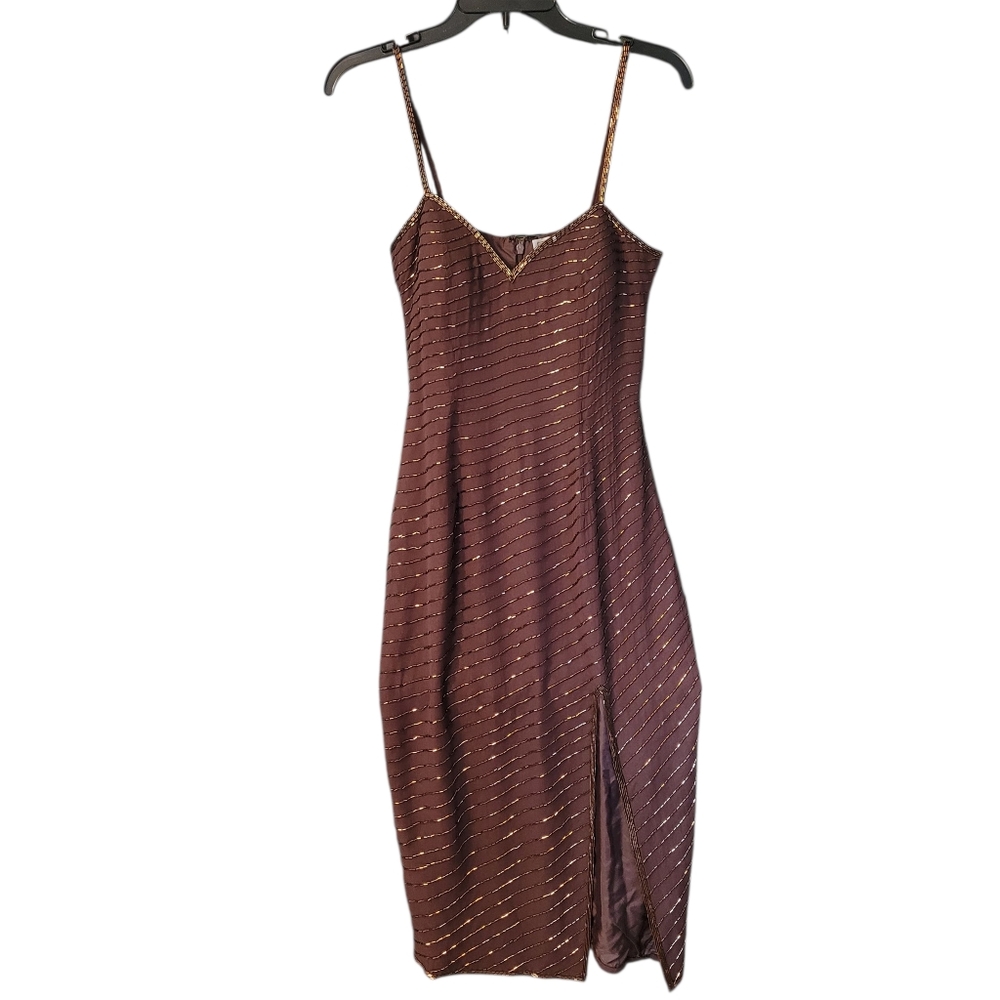 A.J. Bari Brown Midi Dress with Gold Accents